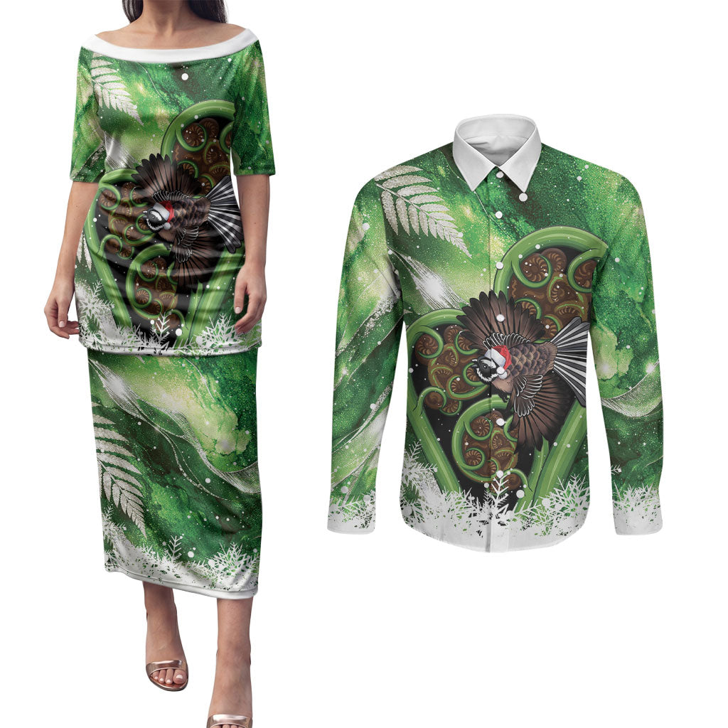 Piwakawaka New Zealand Christmas In July Couples Matching Puletasi and Long Sleeve Button Shirt NZ Aroha Koru Fern Marble Vibes LT14 Green - Polynesian Pride