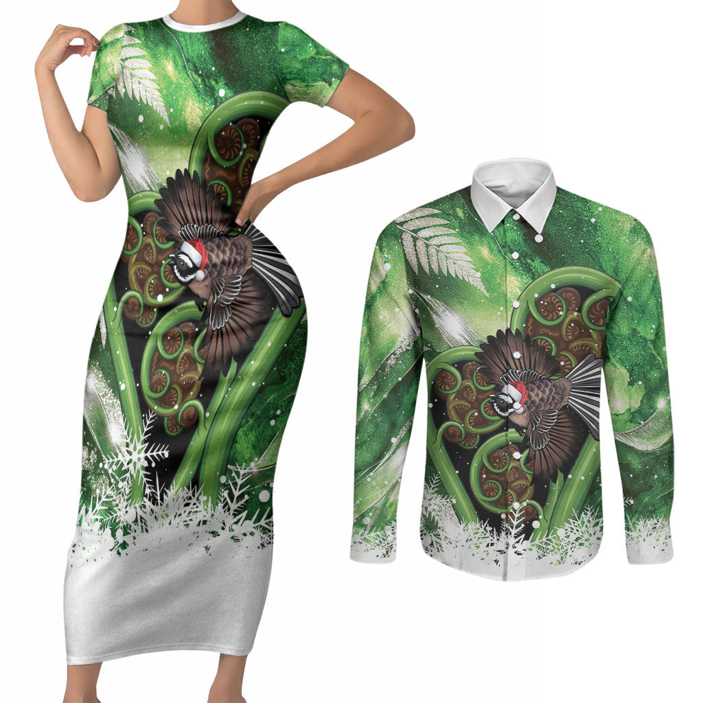 Piwakawaka New Zealand Christmas In July Couples Matching Short Sleeve Bodycon Dress and Long Sleeve Button Shirt NZ Aroha Koru Fern Marble Vibes LT14 Green - Polynesian Pride