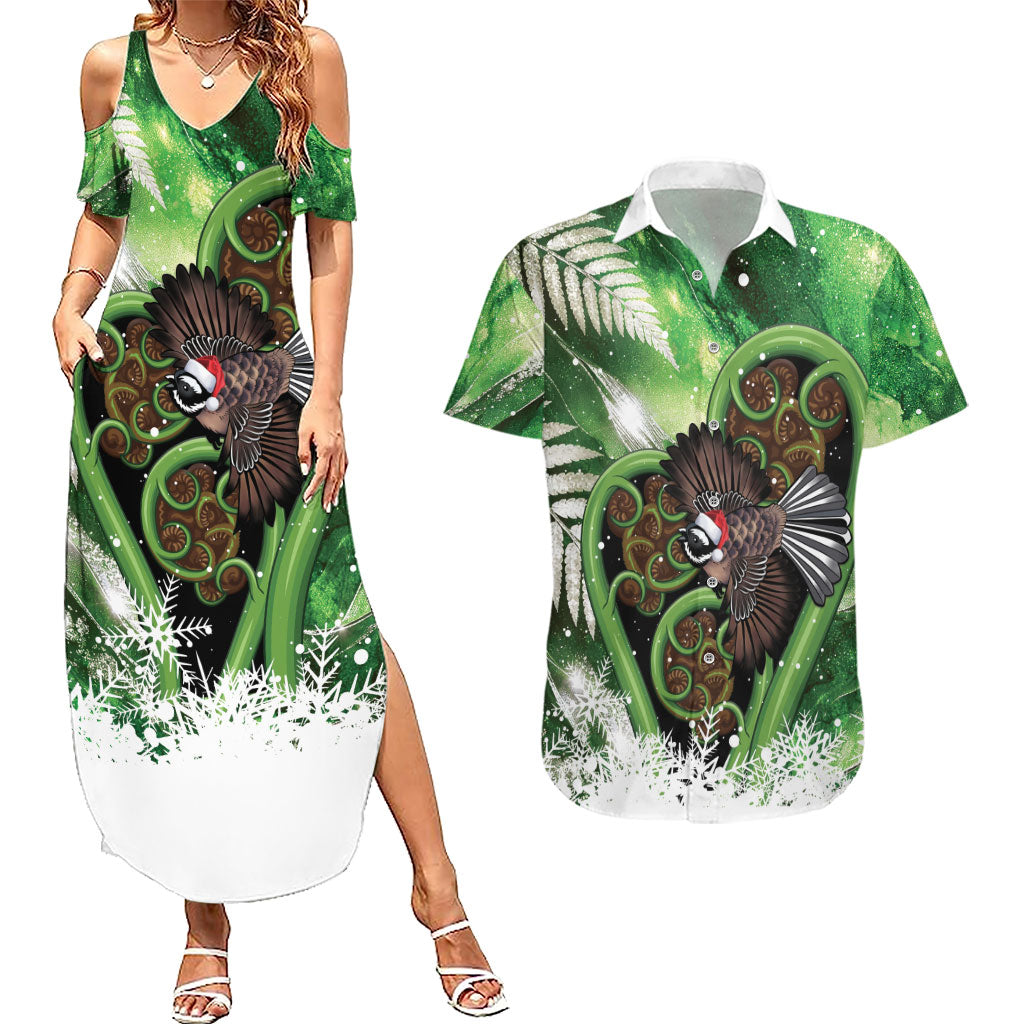 Piwakawaka New Zealand Christmas In July Couples Matching Summer Maxi Dress and Hawaiian Shirt NZ Aroha Koru Fern Marble Vibes LT14 Green - Polynesian Pride