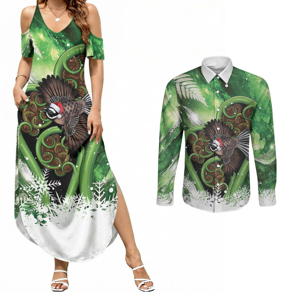 Piwakawaka New Zealand Christmas In July Couples Matching Summer Maxi Dress and Long Sleeve Button Shirt NZ Aroha Koru Fern Marble Vibes LT14 Green - Polynesian Pride