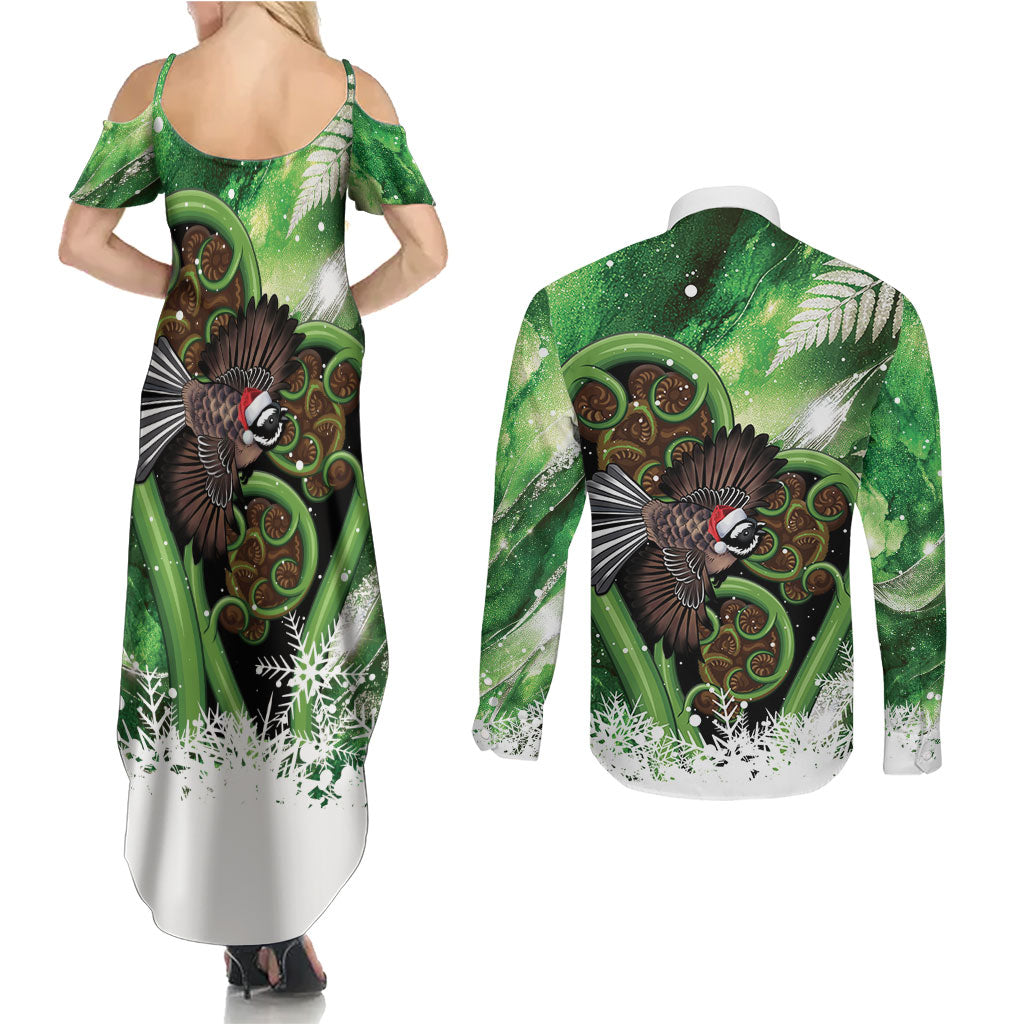 Piwakawaka New Zealand Christmas In July Couples Matching Summer Maxi Dress and Long Sleeve Button Shirt NZ Aroha Koru Fern Marble Vibes LT14 - Polynesian Pride