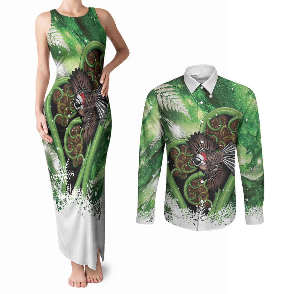 Piwakawaka New Zealand Christmas In July Couples Matching Tank Maxi Dress and Long Sleeve Button Shirt NZ Aroha Koru Fern Marble Vibes LT14 Green - Polynesian Pride