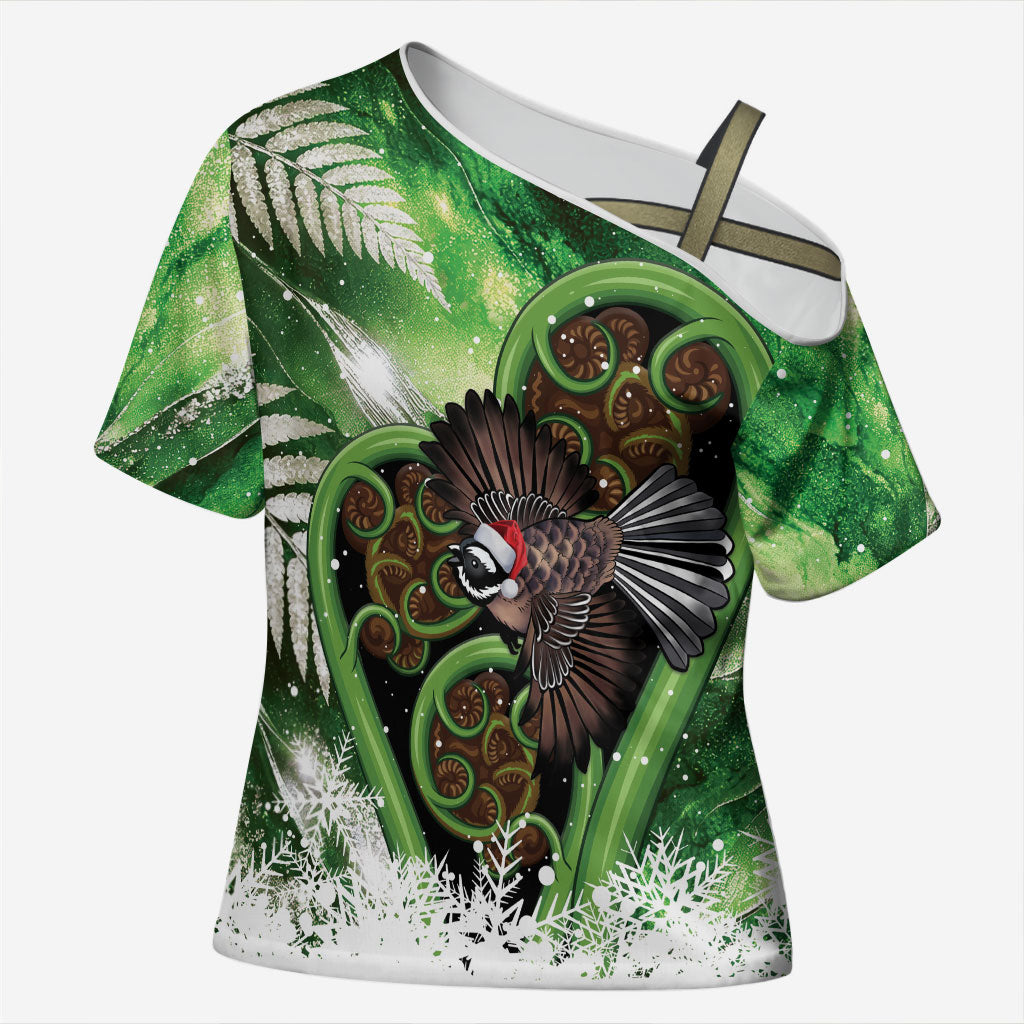 Piwakawaka New Zealand Christmas In July Cross Shoulder Shirt NZ Aroha Koru Fern Marble Vibes LT14 Female Green - Polynesian Pride