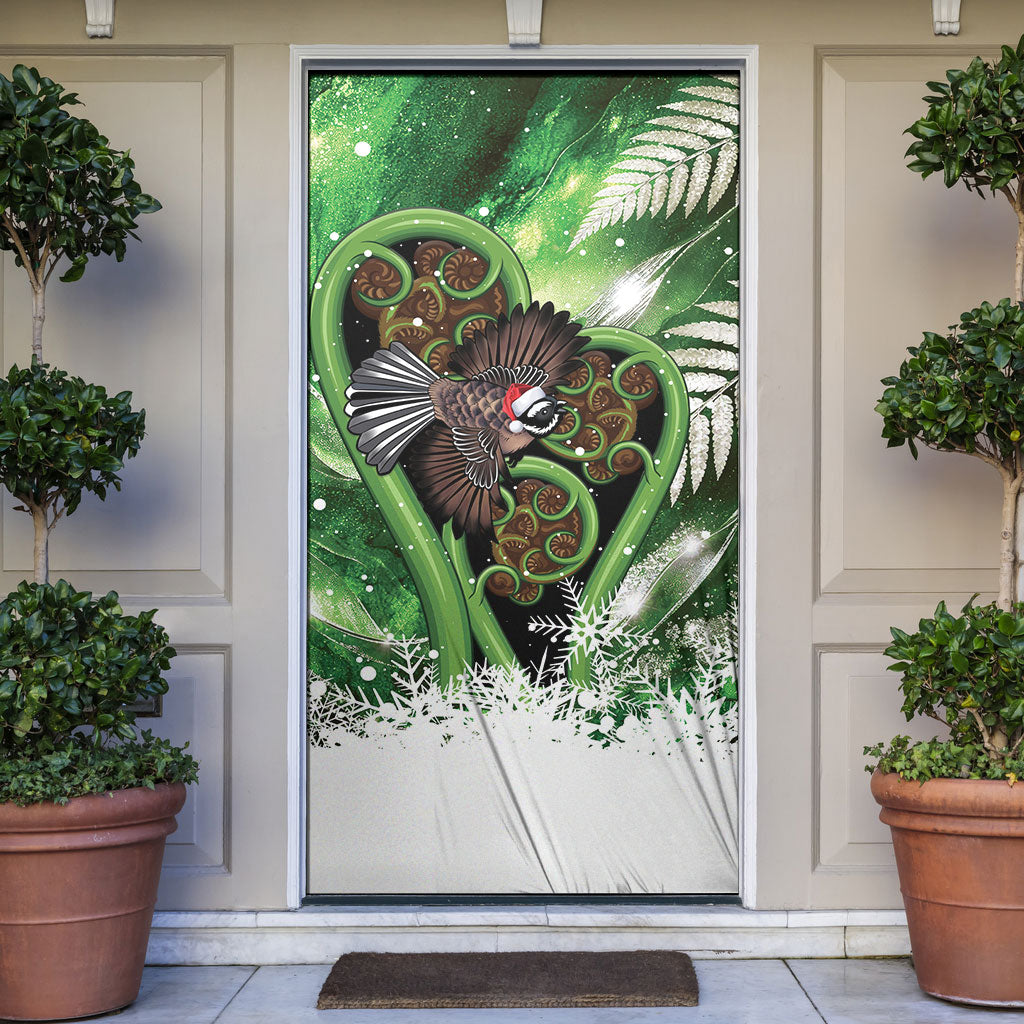 Piwakawaka New Zealand Christmas In July Door Cover NZ Aroha Koru Fern Marble Vibes LT14 Green - Polynesian Pride