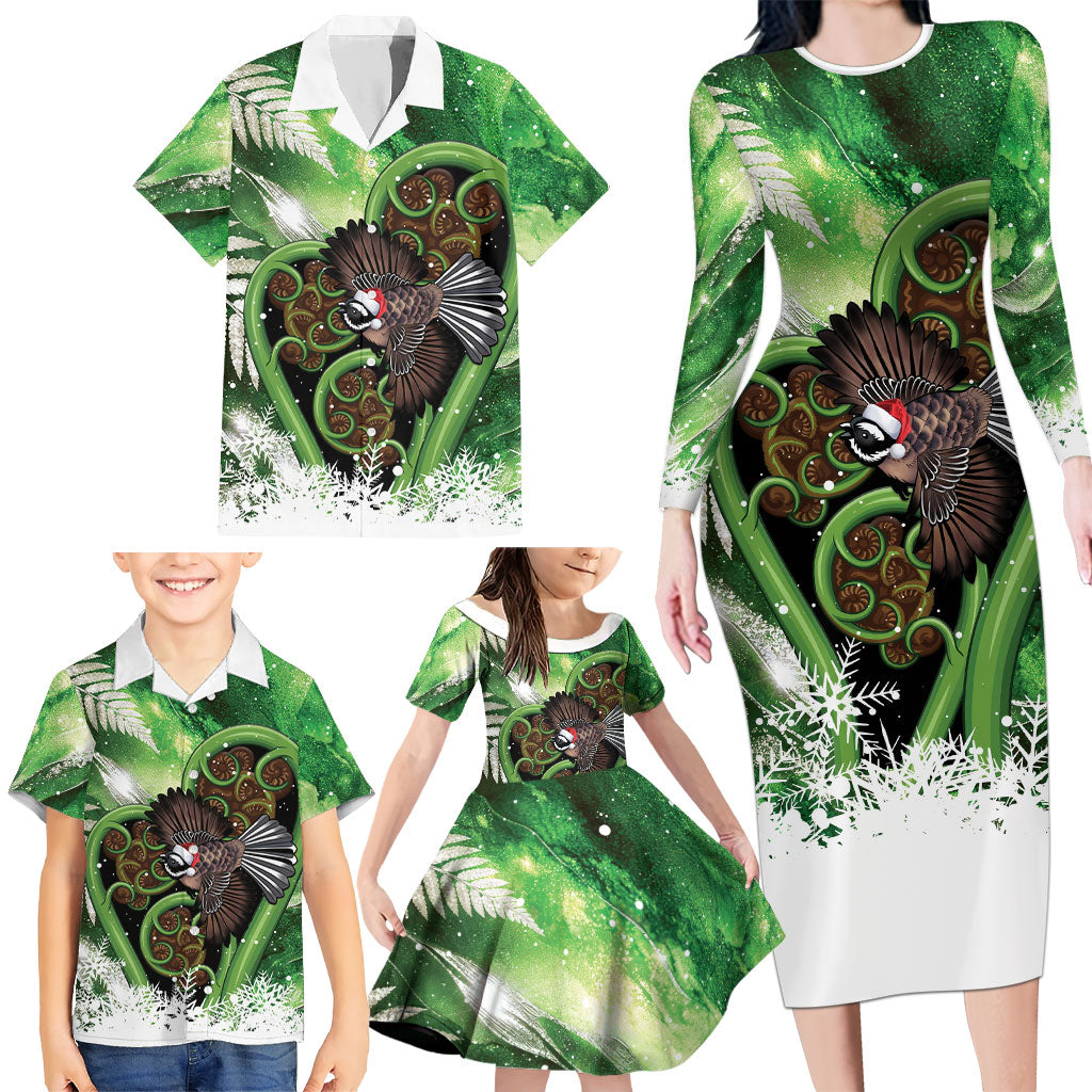 Piwakawaka New Zealand Christmas In July Family Matching Long Sleeve Bodycon Dress and Hawaiian Shirt NZ Aroha Koru Fern Marble Vibes LT14 - Polynesian Pride