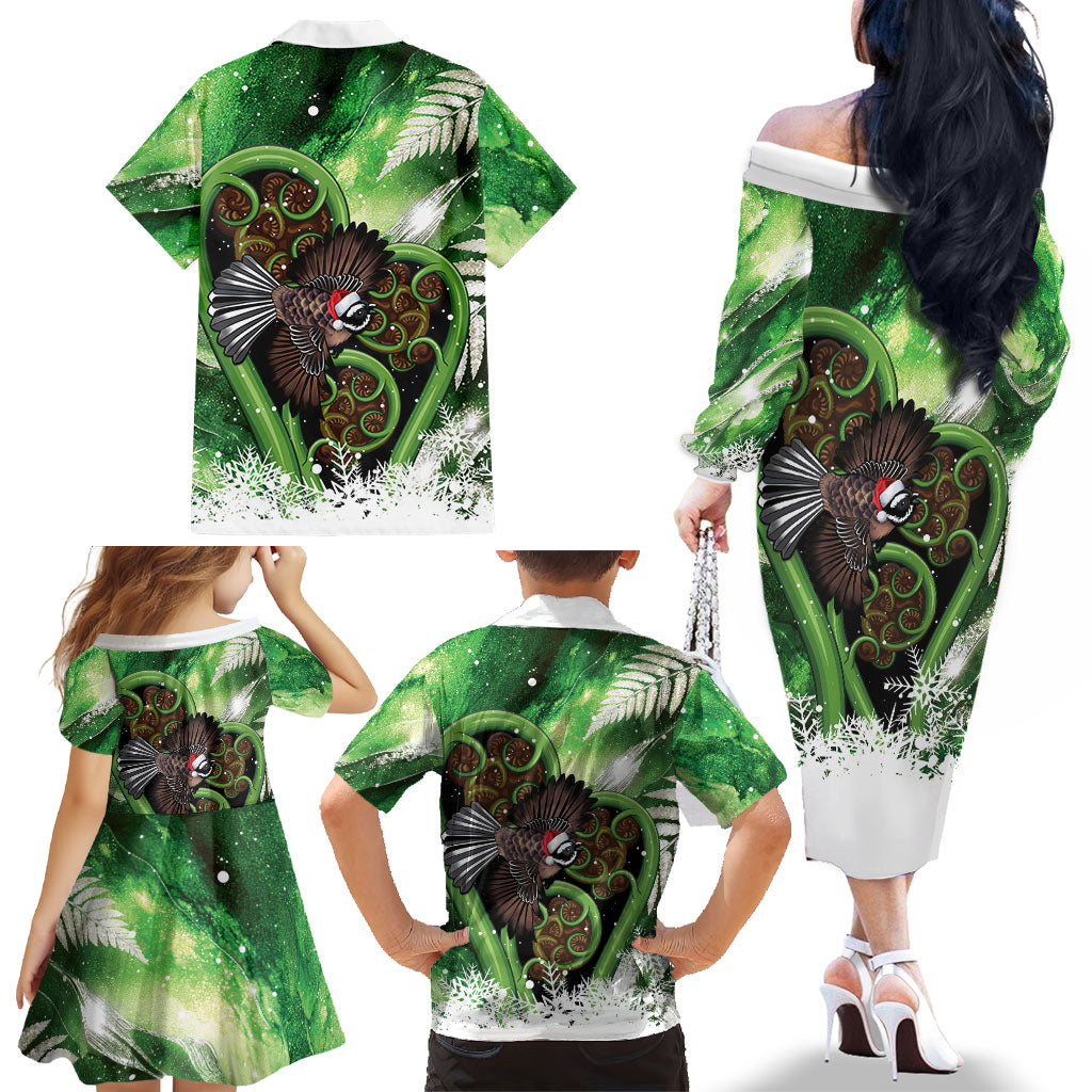 Piwakawaka New Zealand Christmas In July Family Matching Off The Shoulder Long Sleeve Dress and Hawaiian Shirt NZ Aroha Koru Fern Marble Vibes LT14 - Polynesian Pride