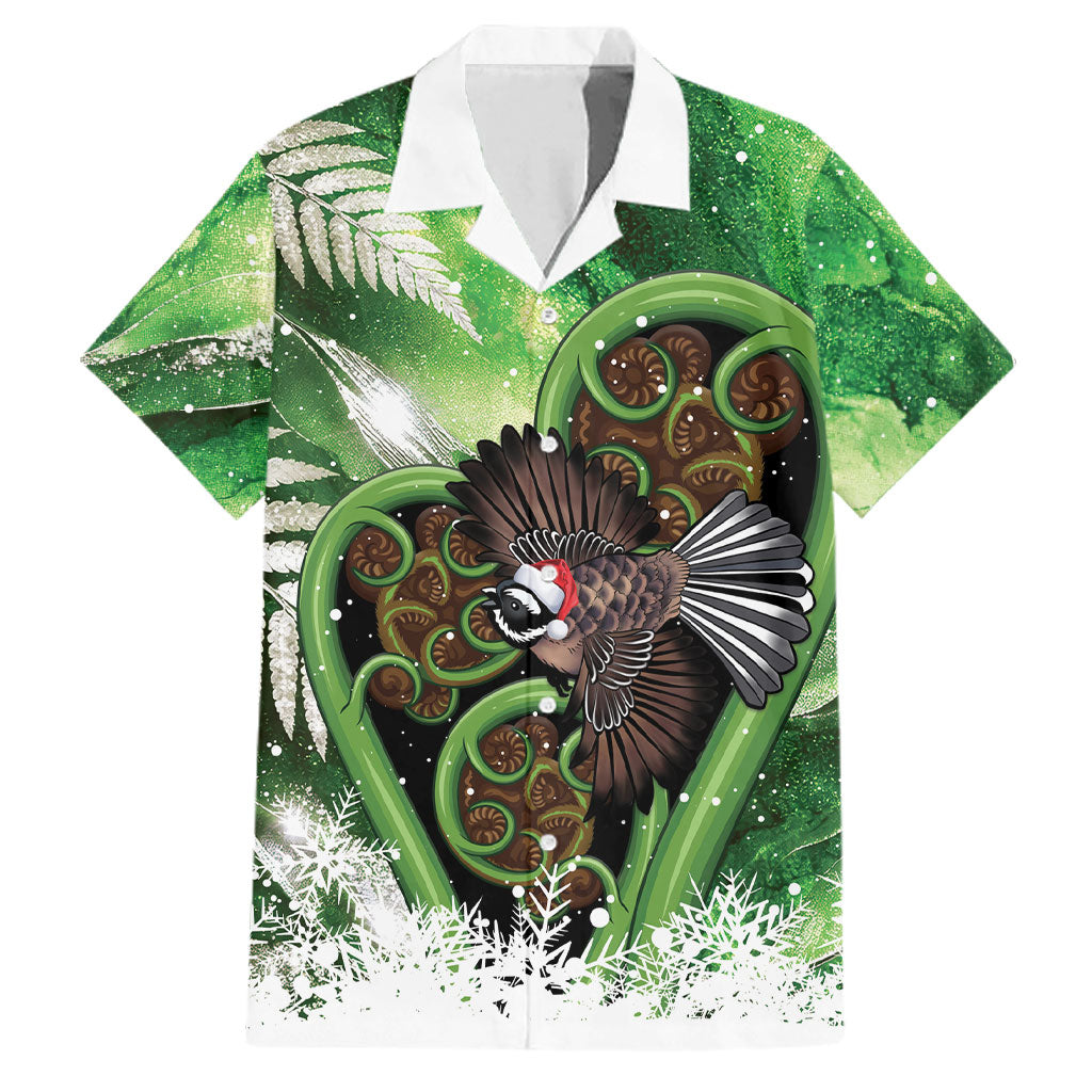 Piwakawaka New Zealand Christmas In July Family Matching Off Shoulder Short Dress and Hawaiian Shirt NZ Aroha Koru Fern Marble Vibes LT14 Dad's Shirt - Short Sleeve Green - Polynesian Pride