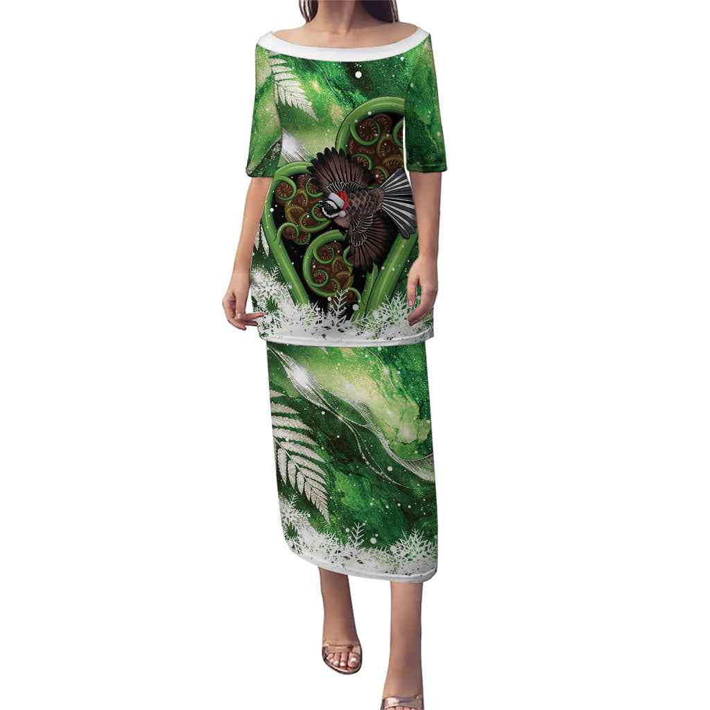 Piwakawaka New Zealand Christmas In July Family Matching Puletasi and Hawaiian Shirt NZ Aroha Koru Fern Marble Vibes LT14 Mom's Dress Green - Polynesian Pride