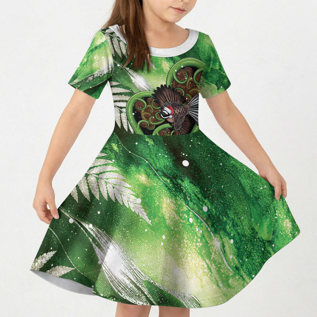 Piwakawaka New Zealand Christmas In July Kid Short Sleeve Dress NZ Aroha Koru Fern Marble Vibes LT14 KID Green - Polynesian Pride