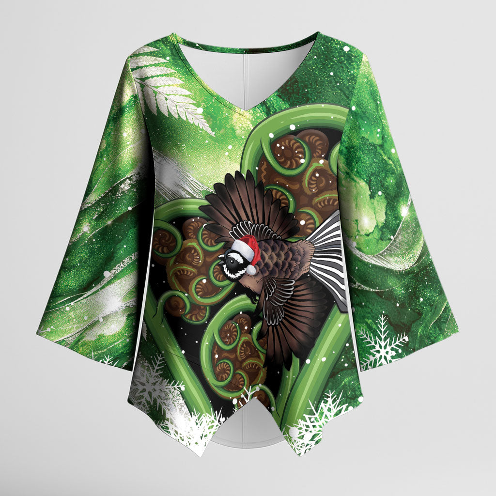 Piwakawaka New Zealand Christmas In July Kimono Sleeve Blouse NZ Aroha Koru Fern Marble Vibes LT14 Female Green - Polynesian Pride