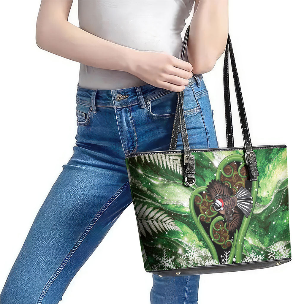 Piwakawaka New Zealand Christmas In July Leather Tote Bag NZ Aroha Koru Fern Marble Vibes LT14 - Polynesian Pride