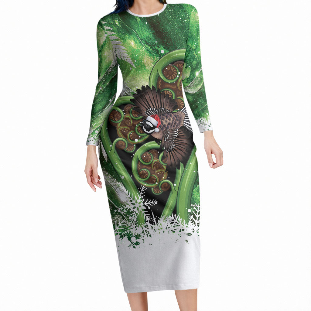 Piwakawaka New Zealand Christmas In July Long Sleeve Bodycon Dress NZ Aroha Koru Fern Marble Vibes LT14 Long Dress Green - Polynesian Pride