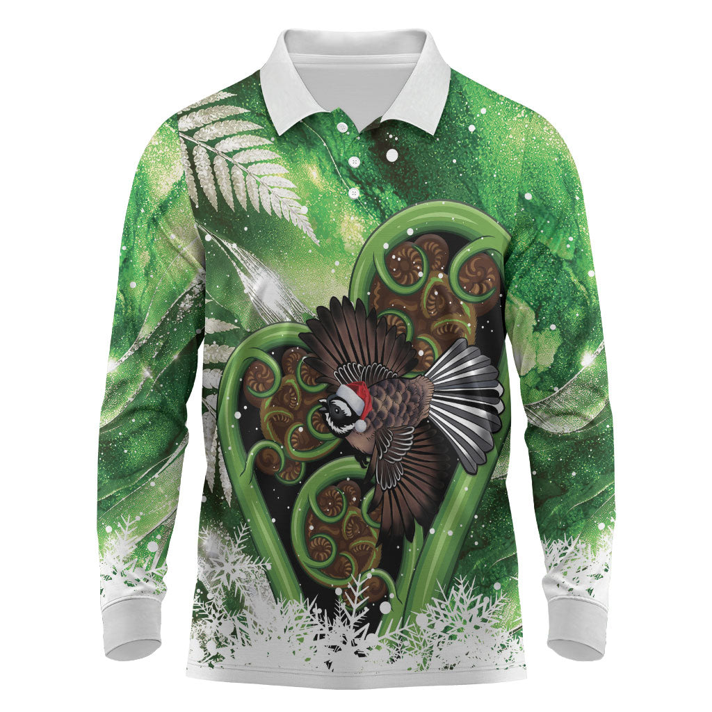 Piwakawaka New Zealand Christmas In July Long Sleeve Polo Shirt NZ Aroha Koru Fern Marble Vibes LT14 Green - Polynesian Pride