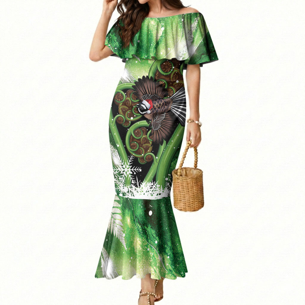 Piwakawaka New Zealand Christmas In July Mermaid Dress NZ Aroha Koru Fern Marble Vibes LT14 Women Green - Polynesian Pride