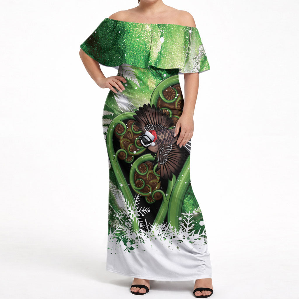 Piwakawaka New Zealand Christmas In July Off Shoulder Maxi Dress NZ Aroha Koru Fern Marble Vibes LT14 Women Green - Polynesian Pride