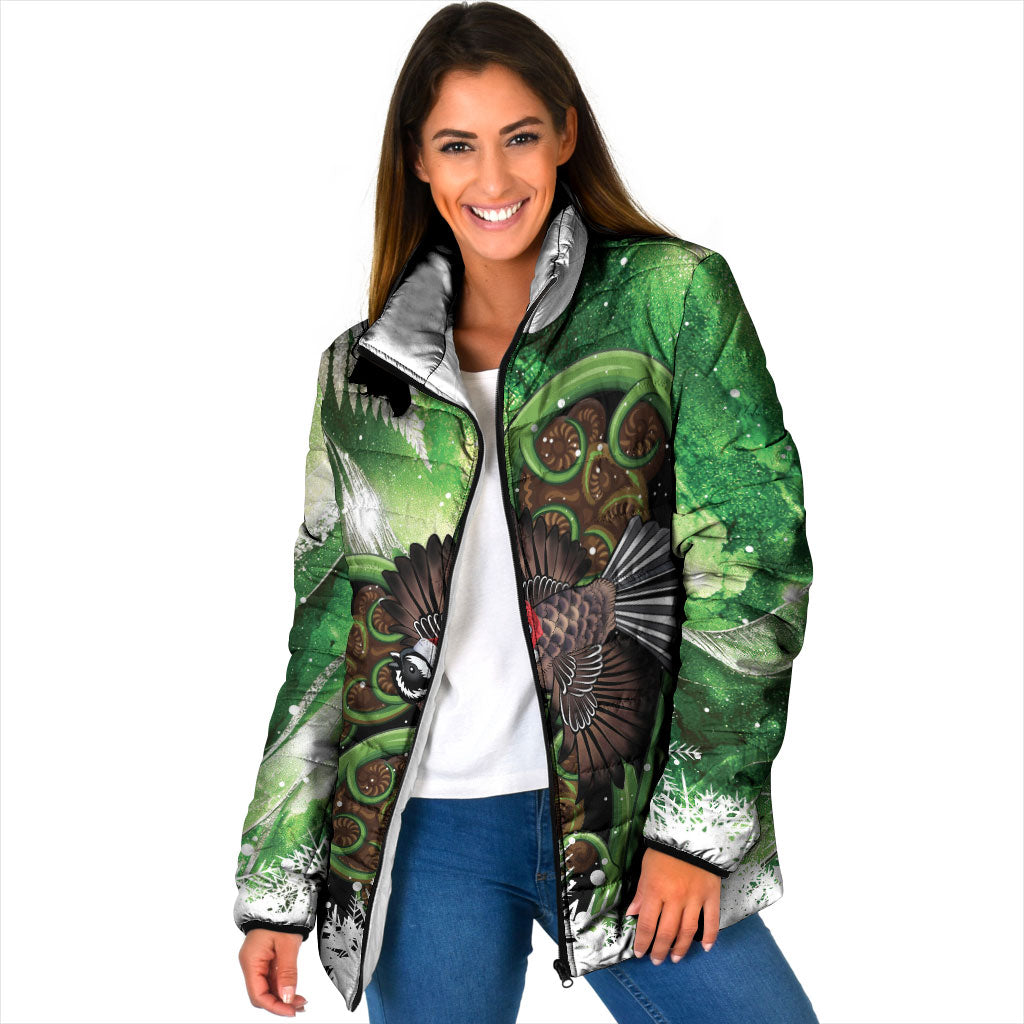 Piwakawaka New Zealand Christmas In July Padded Jacket NZ Aroha Koru Fern Marble Vibes LT14 Women Green - Polynesian Pride