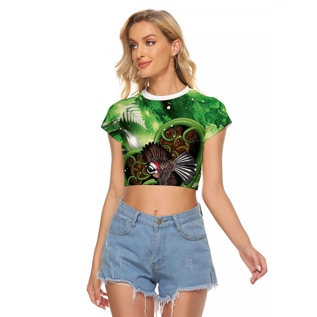 Piwakawaka New Zealand Christmas In July Raglan Cropped T Shirt NZ Aroha Koru Fern Marble Vibes LT14 Female Green - Polynesian Pride