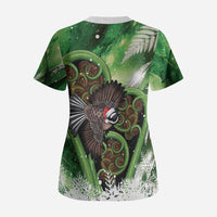 Piwakawaka New Zealand Christmas In July Scrub Top NZ Aroha Koru Fern Marble Vibes LT14 - Polynesian Pride