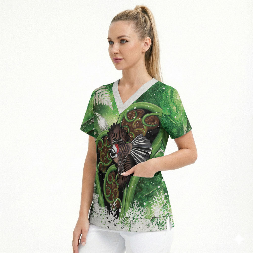 Piwakawaka New Zealand Christmas In July Scrub Top NZ Aroha Koru Fern Marble Vibes LT14 - Polynesian Pride