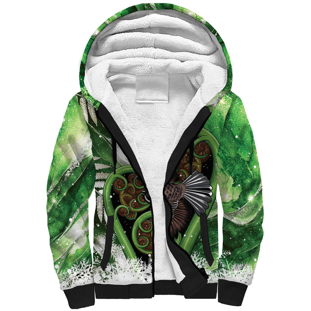 Piwakawaka New Zealand Christmas In July Sherpa Hoodie NZ Aroha Koru Fern Marble Vibes LT14 Unisex Green - Polynesian Pride