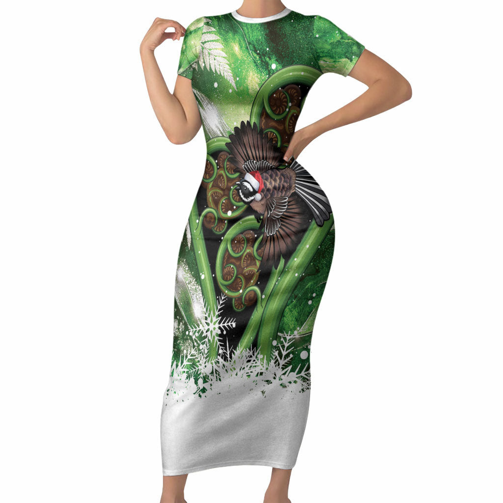 Piwakawaka New Zealand Christmas In July Short Sleeve Bodycon Dress NZ Aroha Koru Fern Marble Vibes LT14 Long Dress Green - Polynesian Pride