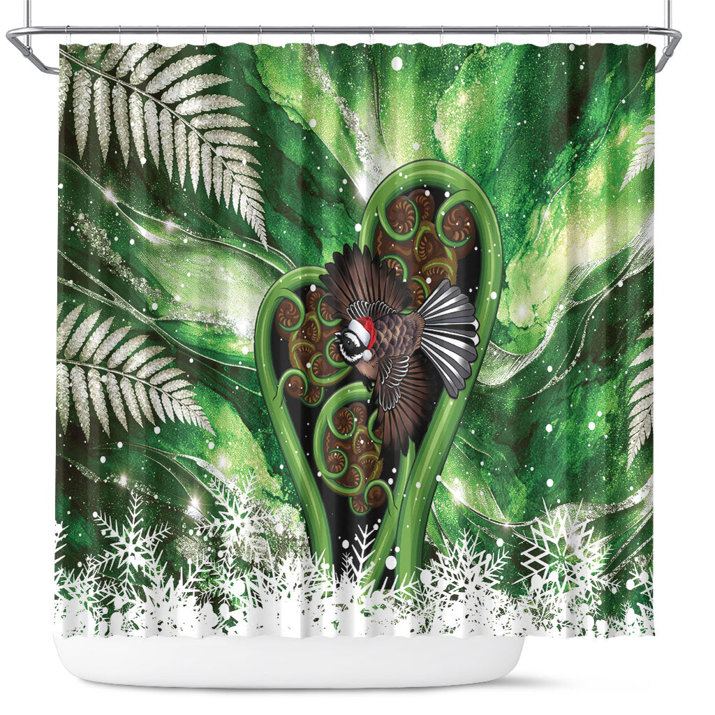 Piwakawaka New Zealand Christmas In July Shower Curtain NZ Aroha Koru Fern Marble Vibes LT14 Green - Polynesian Pride