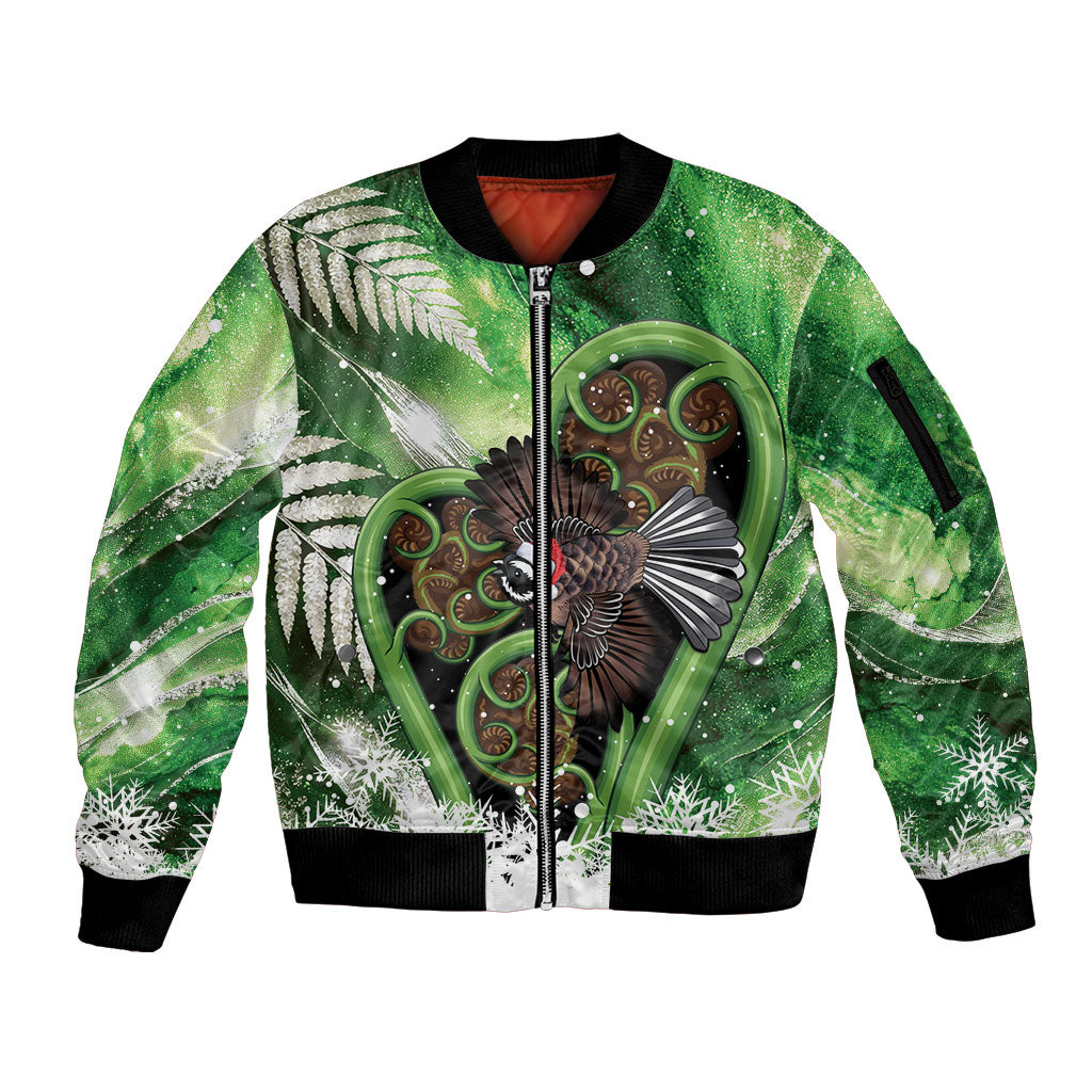 Piwakawaka New Zealand Christmas In July Sleeve Zip Bomber Jacket NZ Aroha Koru Fern Marble Vibes LT14 Unisex Green - Polynesian Pride