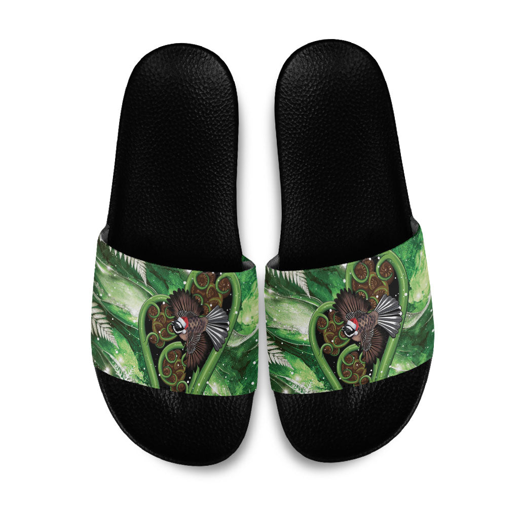 Piwakawaka New Zealand Christmas In July Slide Sandals NZ Aroha Koru Fern Marble Vibes LT14 Green - Polynesian Pride