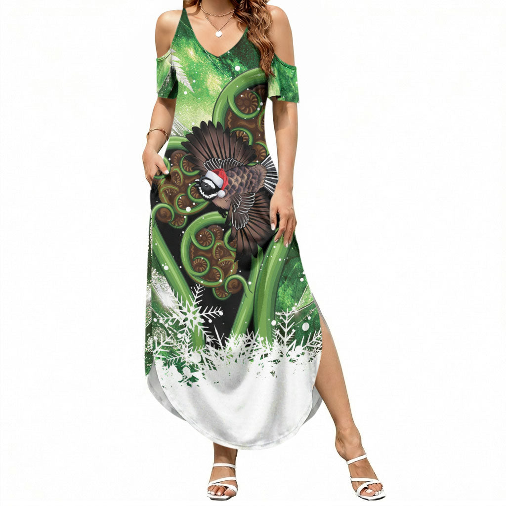 Piwakawaka New Zealand Christmas In July Summer Maxi Dress NZ Aroha Koru Fern Marble Vibes LT14 Women Green - Polynesian Pride