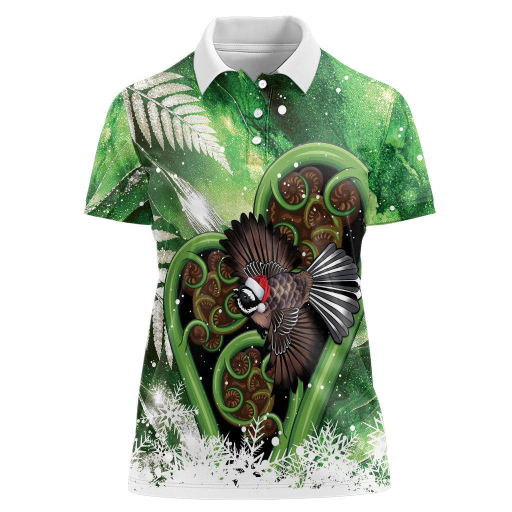 Piwakawaka New Zealand Christmas In July Women Polo Shirt NZ Aroha Koru Fern Marble Vibes LT14 Female Green - Polynesian Pride