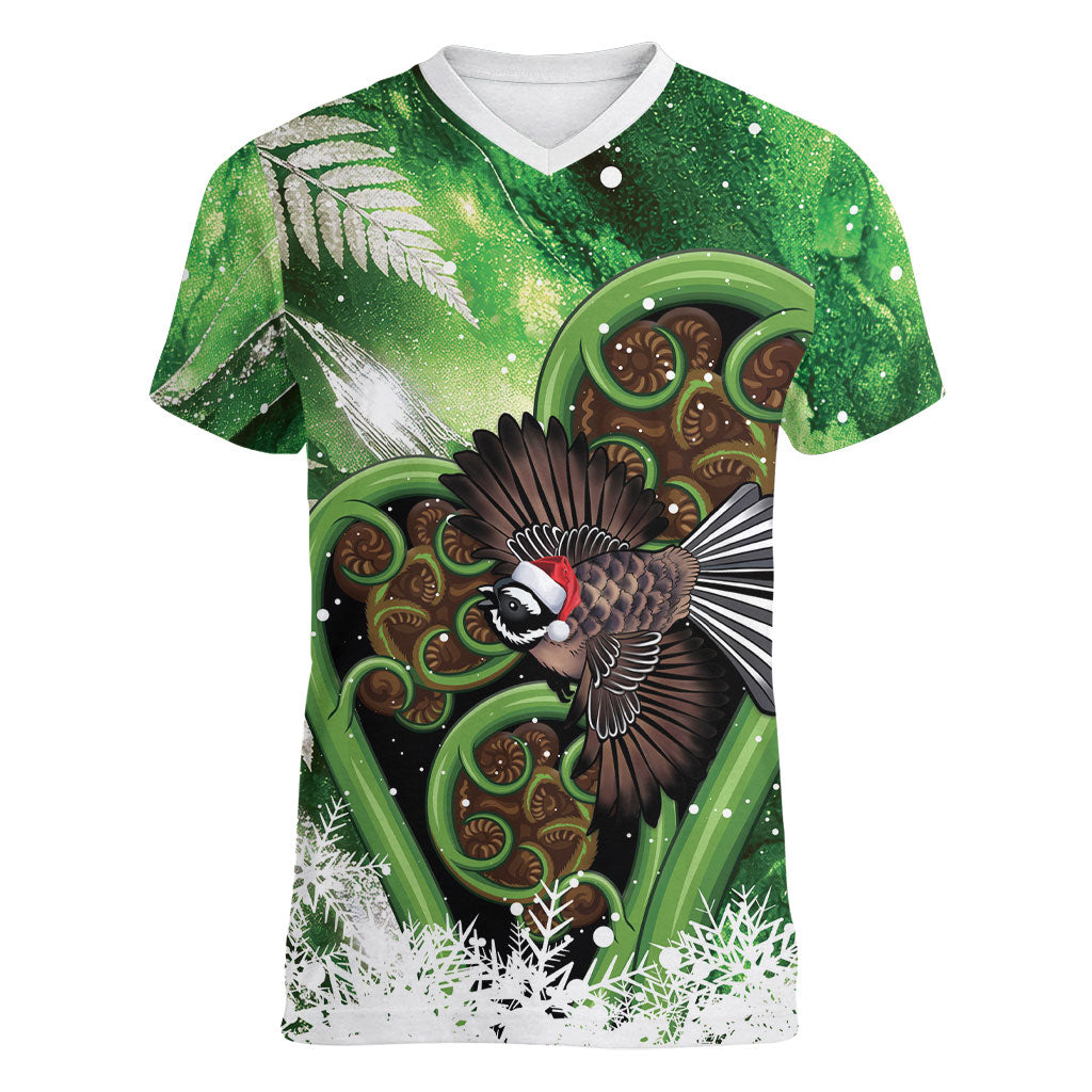 Piwakawaka New Zealand Christmas In July Women V-Neck T-Shirt NZ Aroha Koru Fern Marble Vibes LT14 Female Green - Polynesian Pride