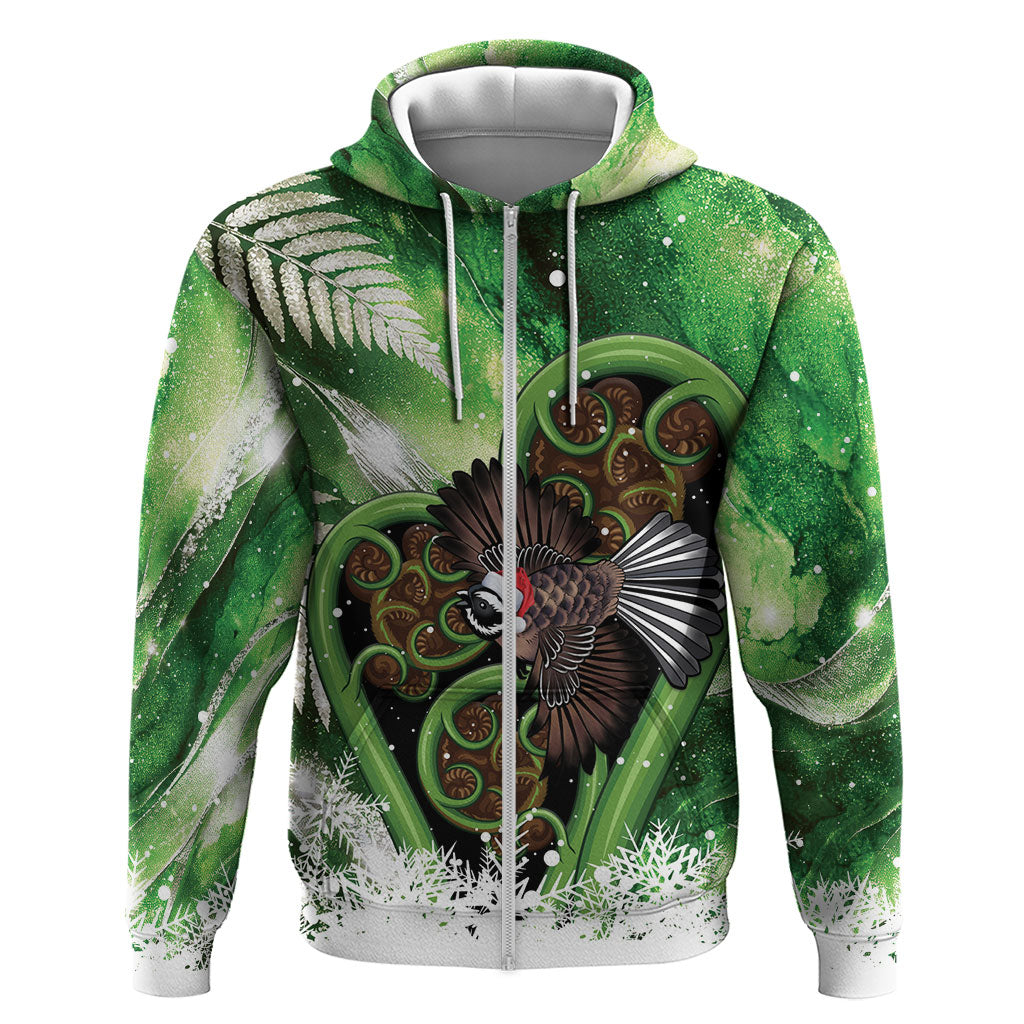 Piwakawaka New Zealand Christmas In July Zip Hoodie NZ Aroha Koru Fern Marble Vibes LT14 Zip Hoodie Green - Polynesian Pride