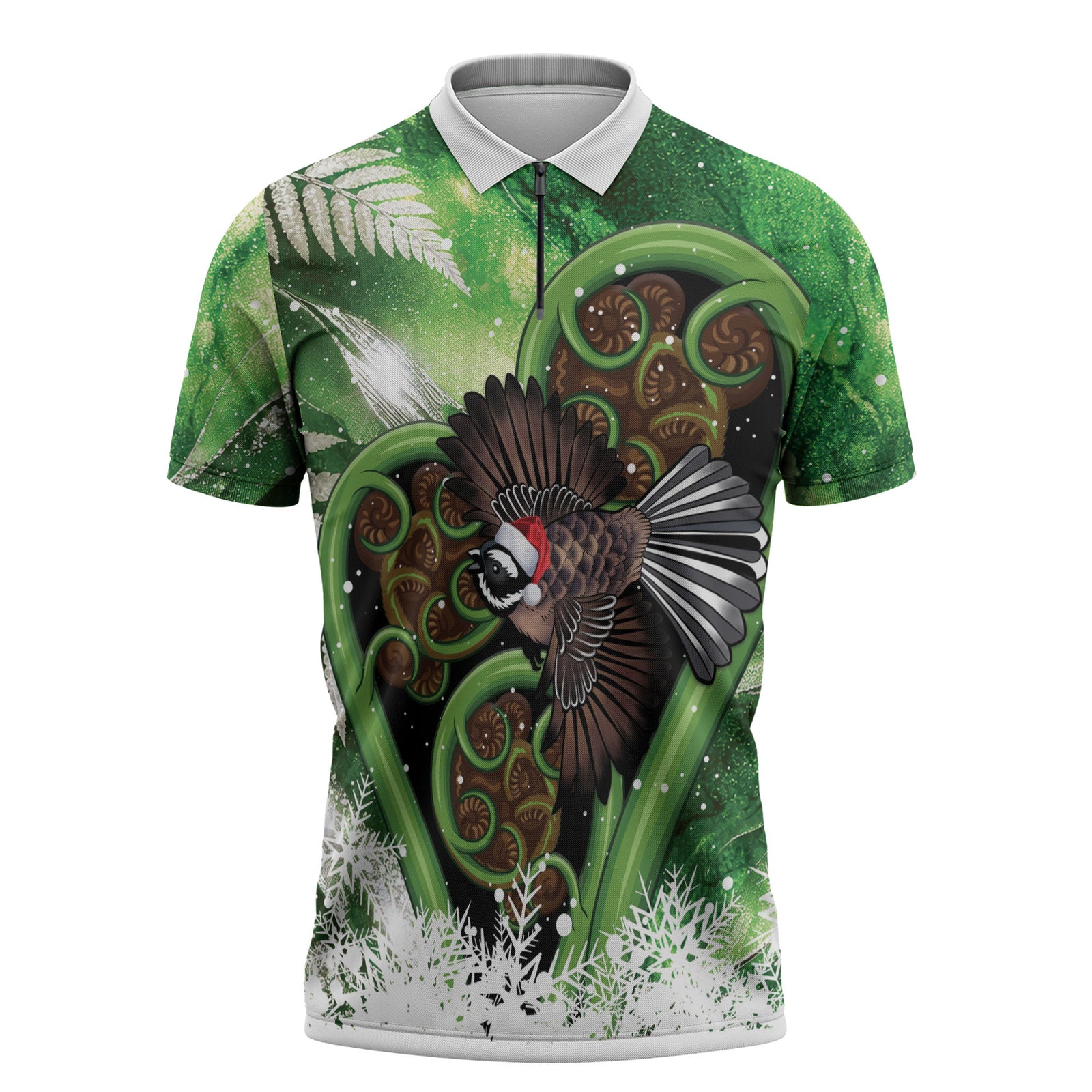 Piwakawaka New Zealand Christmas In July Zipper Polo Shirt NZ Aroha Koru Fern Marble Vibes LT14 Green - Polynesian Pride