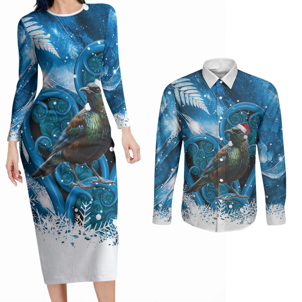 Tui Bird New Zealand Christmas In July Couples Matching Long Sleeve Bodycon Dress and Long Sleeve Button Shirt NZ Aroha Koru Fern Marble Vibes LT14 Blue - Polynesian Pride