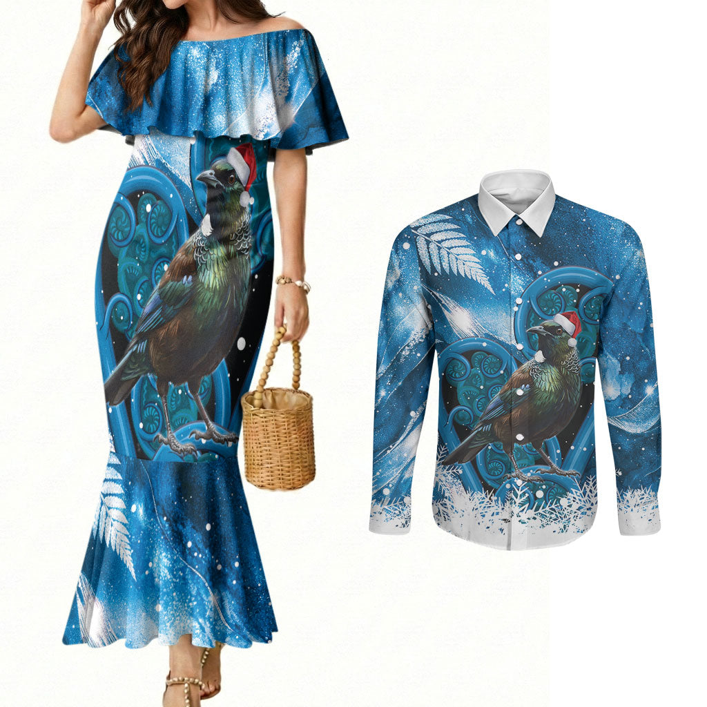 Tui Bird New Zealand Christmas In July Couples Matching Mermaid Dress and Long Sleeve Button Shirt NZ Aroha Koru Fern Marble Vibes LT14 Blue - Polynesian Pride