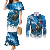 Tui Bird New Zealand Christmas In July Couples Matching Mermaid Dress and Long Sleeve Button Shirt NZ Aroha Koru Fern Marble Vibes LT14 Blue - Polynesian Pride