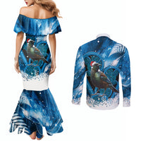 Tui Bird New Zealand Christmas In July Couples Matching Mermaid Dress and Long Sleeve Button Shirt NZ Aroha Koru Fern Marble Vibes LT14 - Polynesian Pride