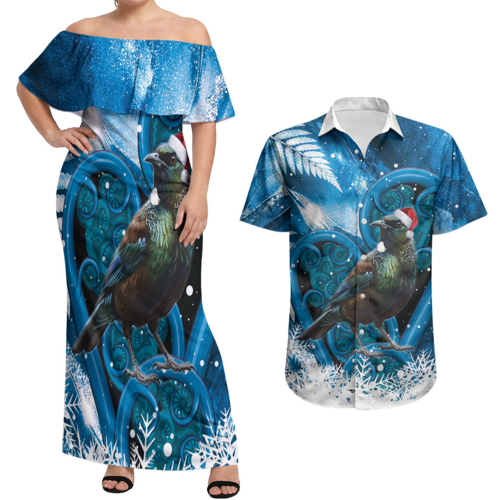 Tui Bird New Zealand Christmas In July Couples Matching Off Shoulder Maxi Dress and Hawaiian Shirt NZ Aroha Koru Fern Marble Vibes LT14 Blue - Polynesian Pride
