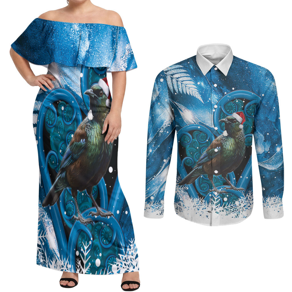 Tui Bird New Zealand Christmas In July Couples Matching Off Shoulder Maxi Dress and Long Sleeve Button Shirt NZ Aroha Koru Fern Marble Vibes LT14 Blue - Polynesian Pride