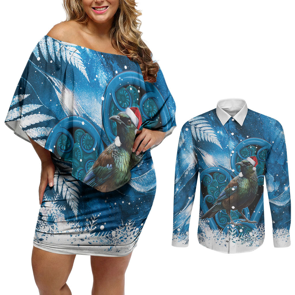 Tui Bird New Zealand Christmas In July Couples Matching Off Shoulder Short Dress and Long Sleeve Button Shirt NZ Aroha Koru Fern Marble Vibes LT14 Blue - Polynesian Pride