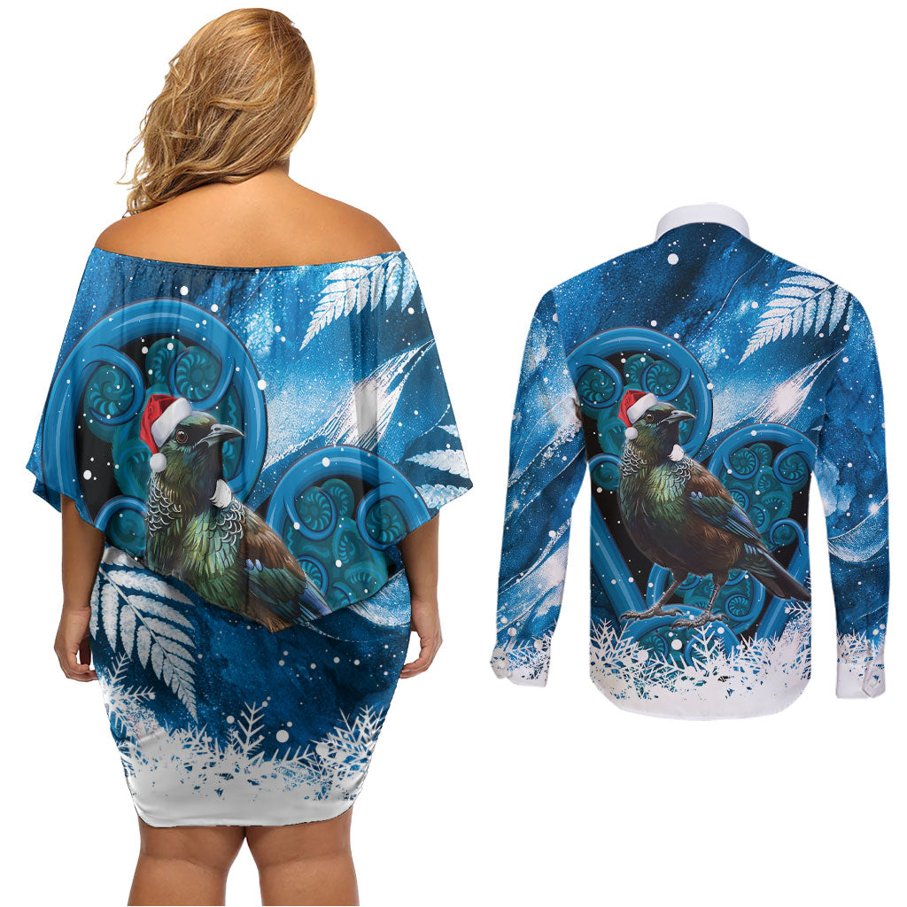 Tui Bird New Zealand Christmas In July Couples Matching Off Shoulder Short Dress and Long Sleeve Button Shirt NZ Aroha Koru Fern Marble Vibes LT14 - Polynesian Pride