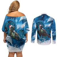 Tui Bird New Zealand Christmas In July Couples Matching Off Shoulder Short Dress and Long Sleeve Button Shirt NZ Aroha Koru Fern Marble Vibes LT14 - Polynesian Pride