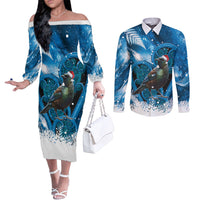 Tui Bird New Zealand Christmas In July Couples Matching Off The Shoulder Long Sleeve Dress and Long Sleeve Button Shirt NZ Aroha Koru Fern Marble Vibes LT14 Blue - Polynesian Pride