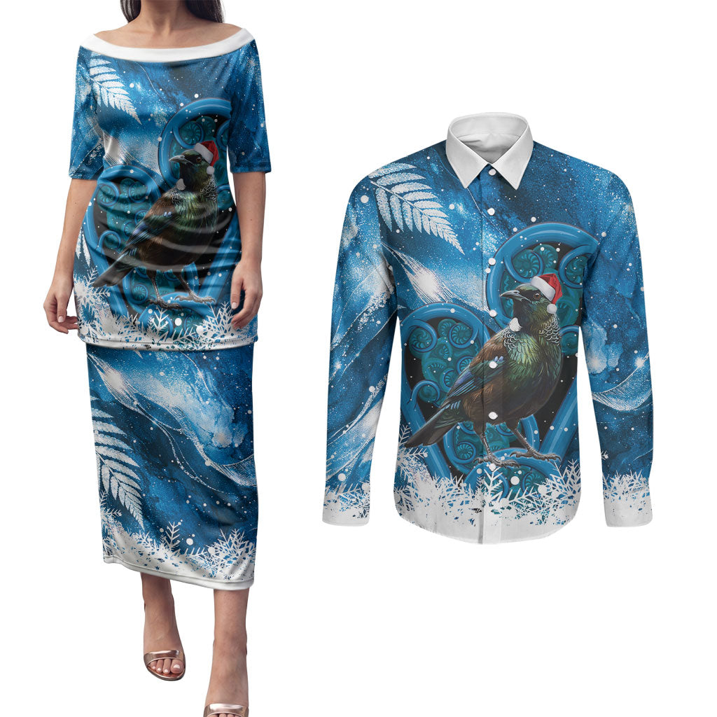 Tui Bird New Zealand Christmas In July Couples Matching Puletasi and Long Sleeve Button Shirt NZ Aroha Koru Fern Marble Vibes LT14 Blue - Polynesian Pride