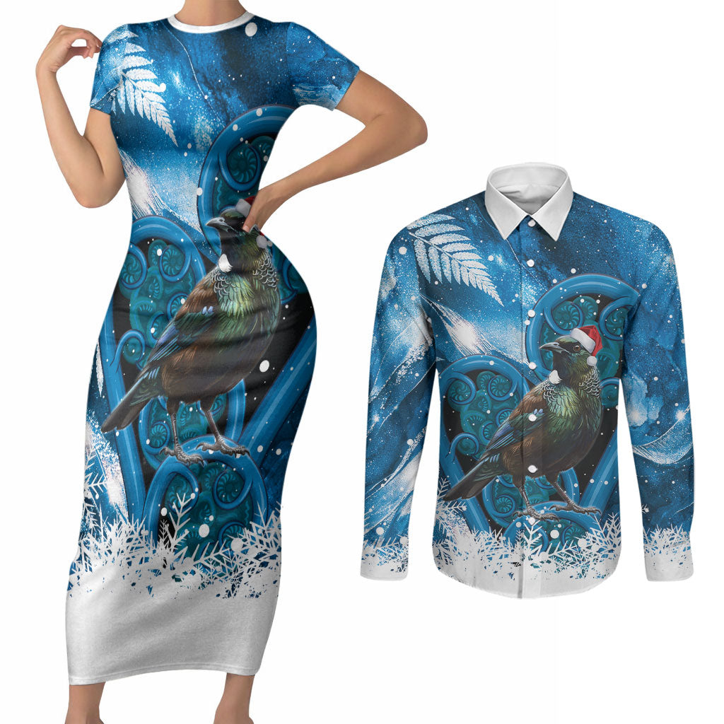 Tui Bird New Zealand Christmas In July Couples Matching Short Sleeve Bodycon Dress and Long Sleeve Button Shirt NZ Aroha Koru Fern Marble Vibes LT14 Blue - Polynesian Pride