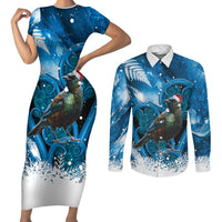Tui Bird New Zealand Christmas In July Couples Matching Short Sleeve Bodycon Dress and Long Sleeve Button Shirt NZ Aroha Koru Fern Marble Vibes LT14 Blue - Polynesian Pride