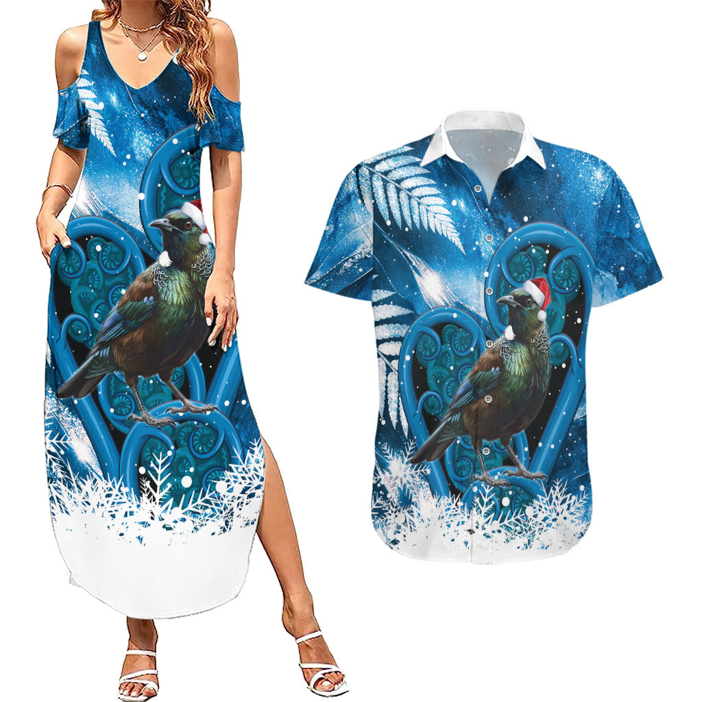 Tui Bird New Zealand Christmas In July Couples Matching Summer Maxi Dress and Hawaiian Shirt NZ Aroha Koru Fern Marble Vibes LT14 Blue - Polynesian Pride