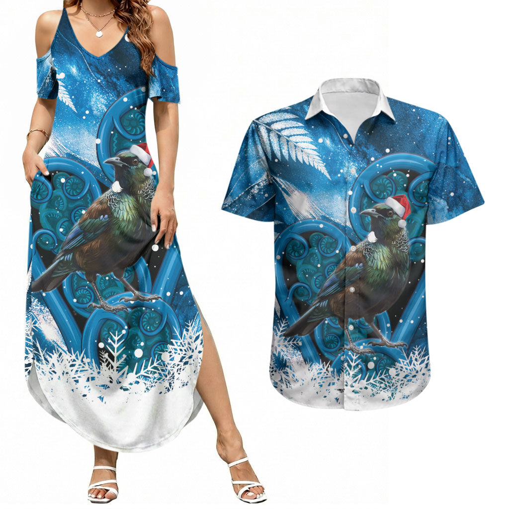 Tui Bird New Zealand Christmas In July Couples Matching Summer Maxi Dress and Hawaiian Shirt NZ Aroha Koru Fern Marble Vibes LT14 Blue - Polynesian Pride