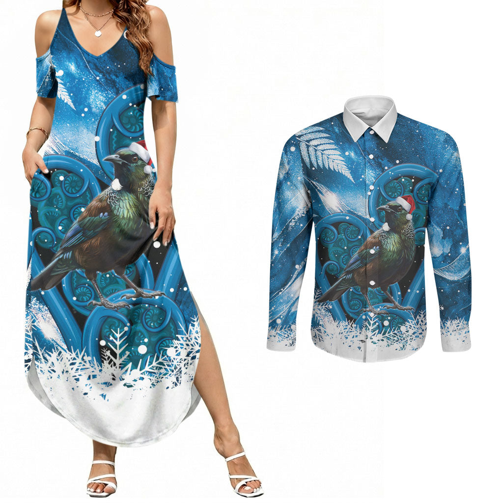 Tui Bird New Zealand Christmas In July Couples Matching Summer Maxi Dress and Long Sleeve Button Shirt NZ Aroha Koru Fern Marble Vibes LT14 Blue - Polynesian Pride