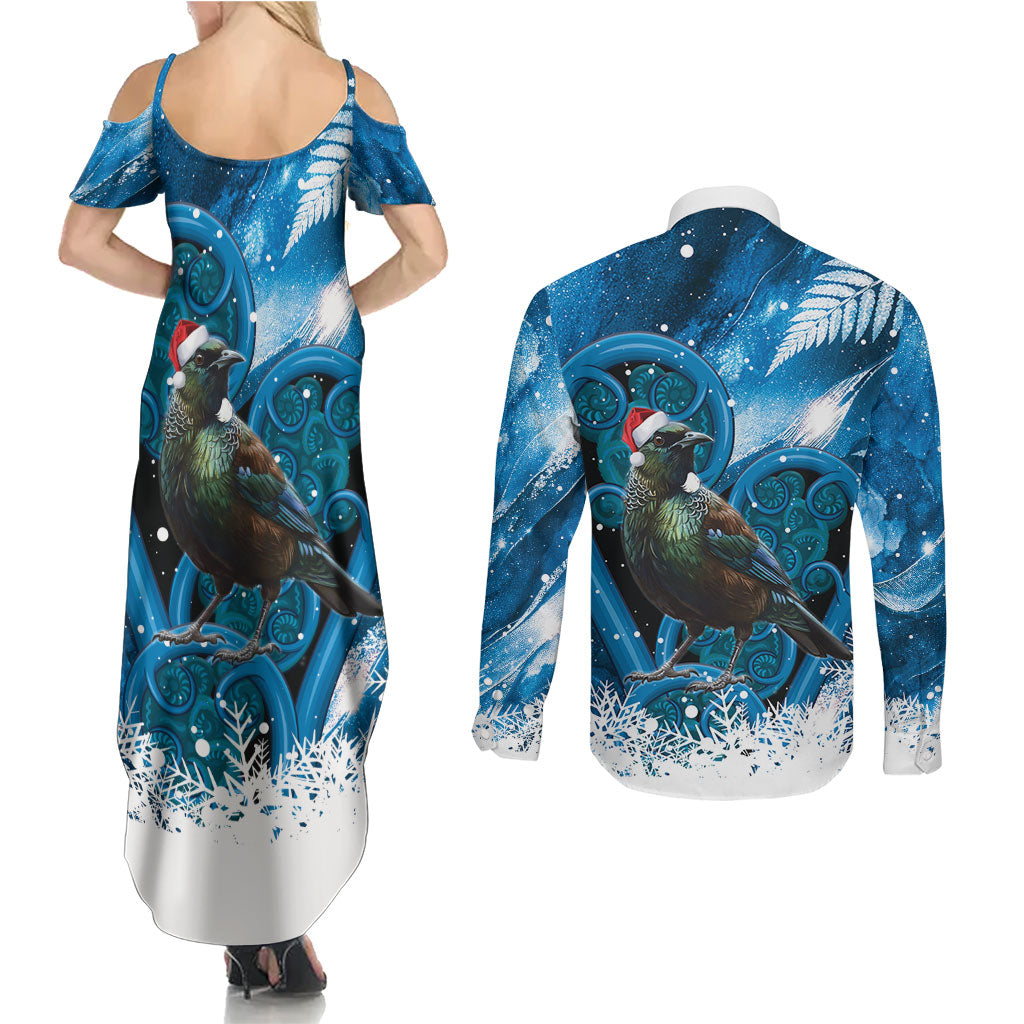 Tui Bird New Zealand Christmas In July Couples Matching Summer Maxi Dress and Long Sleeve Button Shirt NZ Aroha Koru Fern Marble Vibes LT14 - Polynesian Pride
